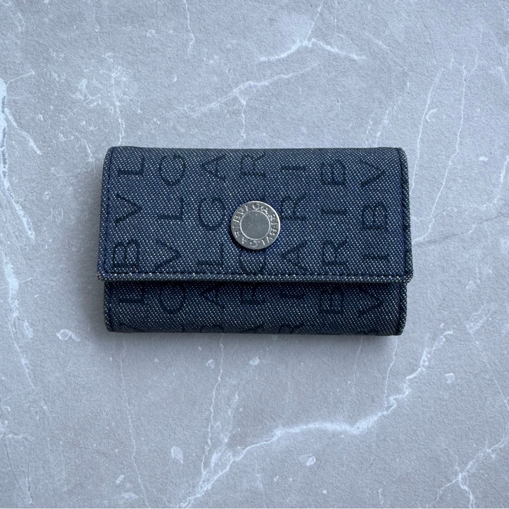 Bvlgari Logo Mania Key Case In Denim Canvas and Black Leather
